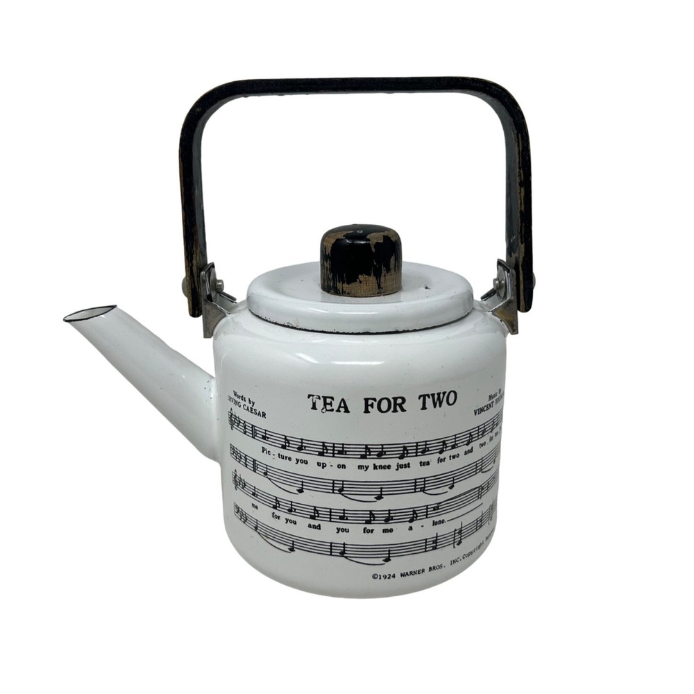 Tea For Two Teapot‎ Vintage 1979 Kamenstein Porcelain Enamel Metal Wood Handle